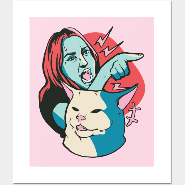 Funny Woman Yelling at Cat Meme Illustration Wall Art by SLAG_Creative